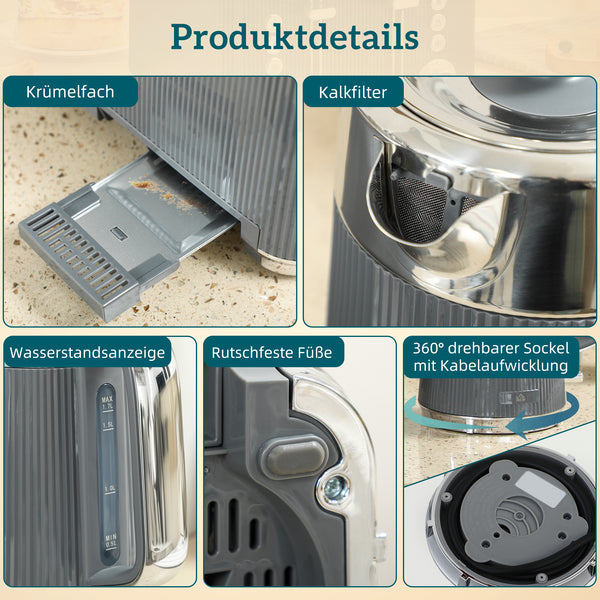 Frühstücksset Wasserkocher und Toaster 4 Scheiben 1,7L 2200W grau