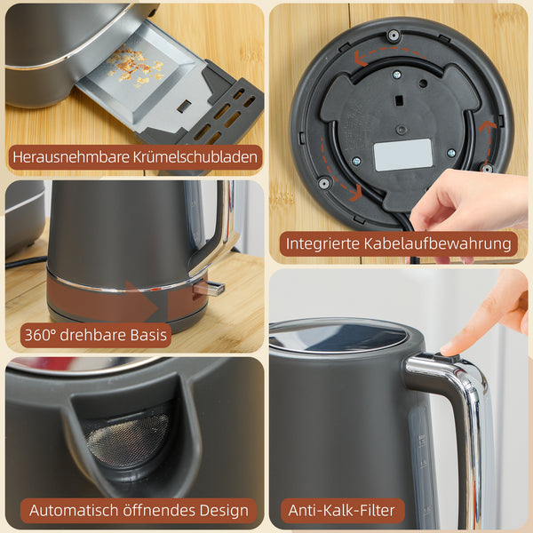 Frühstücksset Wasserkocher und Toaster mit 6 Stufen grau