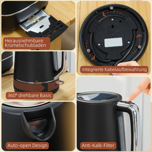 Frühstücksset Wasserkocher und Toaster 1,7L Edelstahl schwarz
