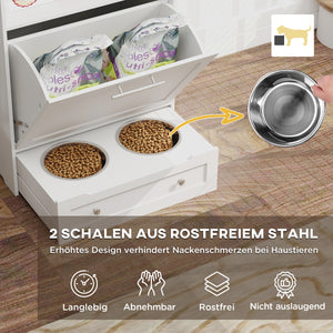 Futterstation mit Aufbewahrung und Futterschüsseln für Haustiere weiss