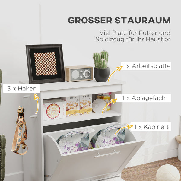 Futterstation mit Aufbewahrung und Futterschüsseln für Haustiere weiss