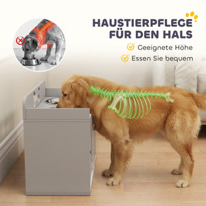 Futterstation erhöht mit Schrank und 2 Edelstahlnäpfen