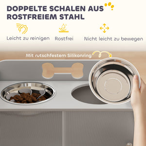 Futterstation erhöht mit Schrank und 2 Edelstahlnäpfen