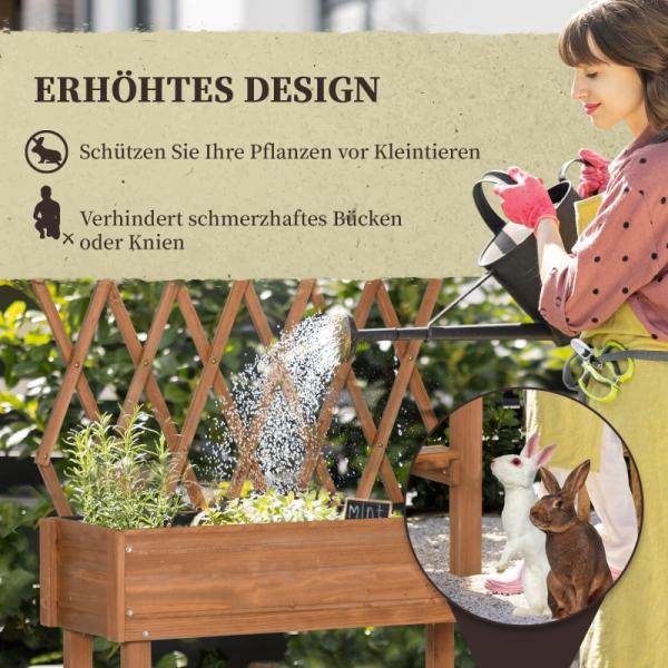 Hochbeet, integriertes Spalier, Ablageregal, Räder, Massivholz, braun, 79 x 29 x 130 cm