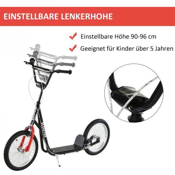 Kinderroller Tretroller Cityroller Kickscooter Kickboard mit Luftreifen und Handbremse 16 Zoll Schwarz
