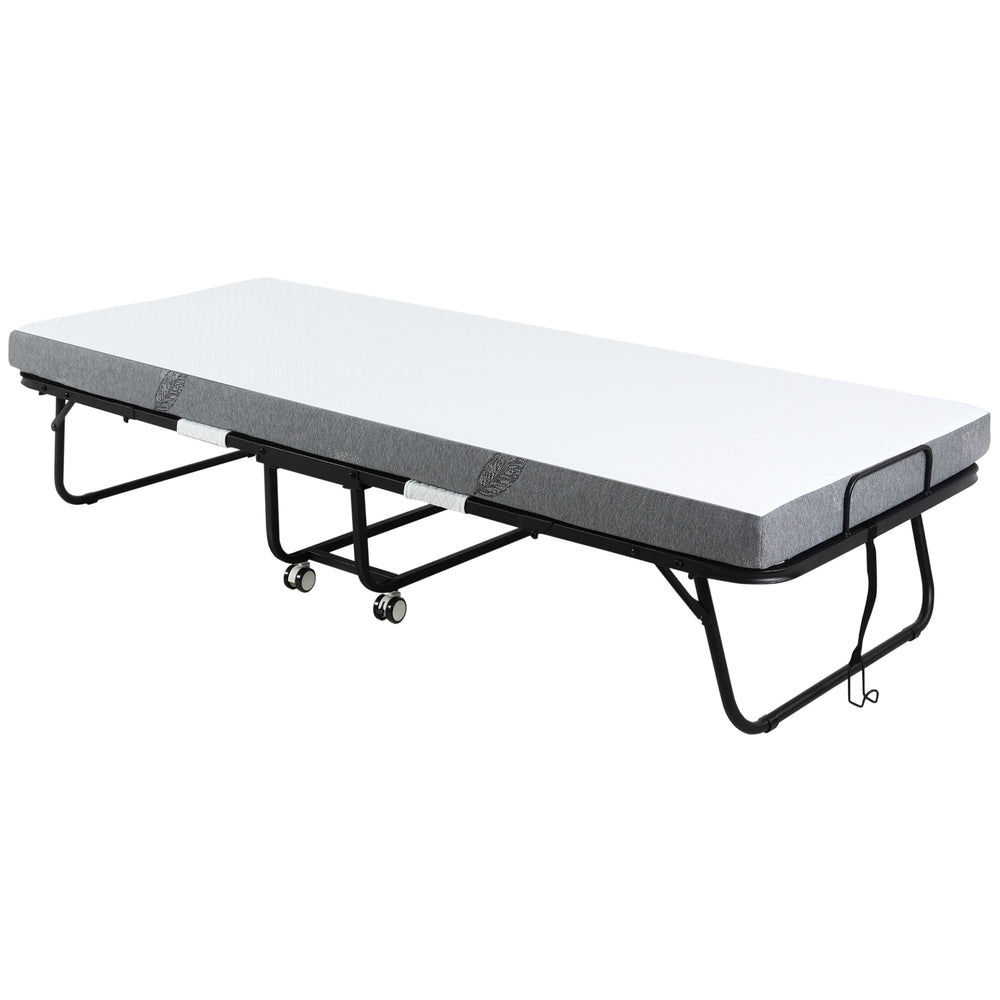 Guest bed, folding bed with wheels, white/black, 200x75x425cm