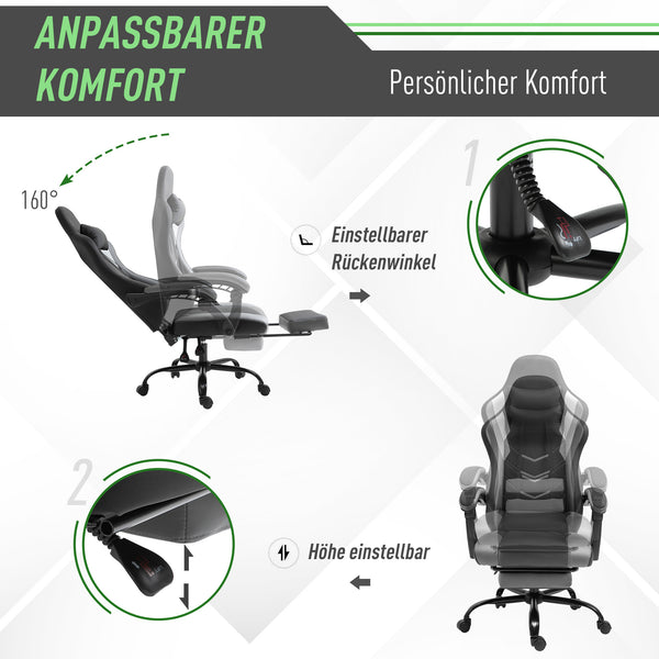 Gaming Sessel ergonomisch mit Kopfstütze & Fussstützen Schwarz