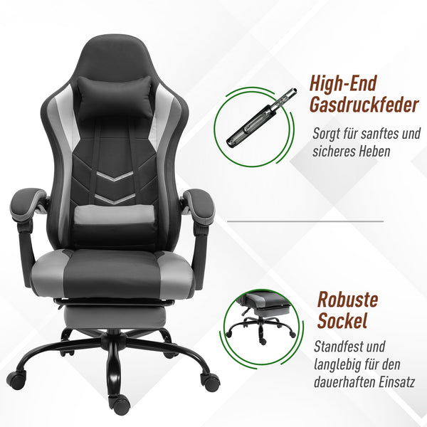 Gaming Sessel ergonomisch mit Kopfstütze & Fussstützen Schwarz