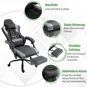 Gaming Sessel ergonomisch mit Kopfstütze & Fussstützen Schwarz