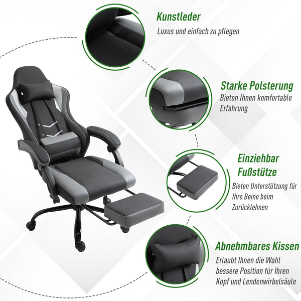 Gaming Sessel ergonomisch mit Kopfstütze & Fussstützen Schwarz