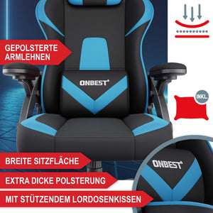 Gaming Stuhl mit Nacken- & Lordosenkissen ergonomisch & bis 150kg belastbar