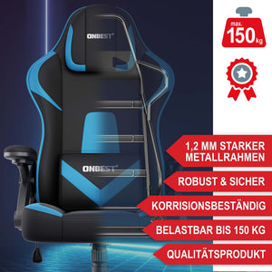 Gaming Stuhl mit Nacken- & Lordosenkissen ergonomisch & bis 150kg belastbar