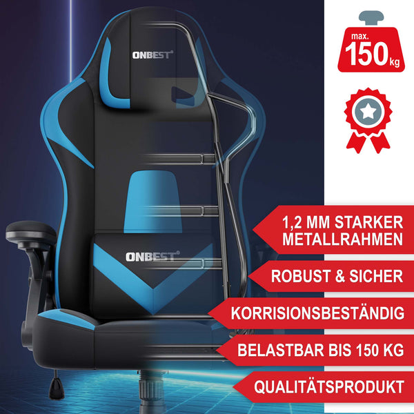 Gaming Stuhl mit Nacken- & Lordosenkissen ergonomisch & bis 150kg belastbar