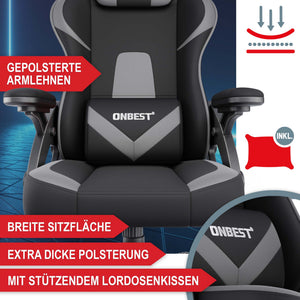 Gaming Stuhl mit Nacken- & Lordosenkissen ergonomisch & bis 150kg belastbar