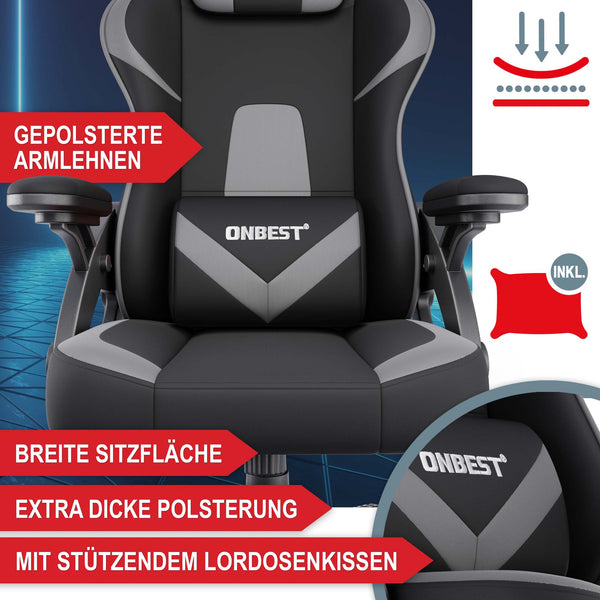Gaming Stuhl mit Nacken- & Lordosenkissen ergonomisch & bis 150kg belastbar
