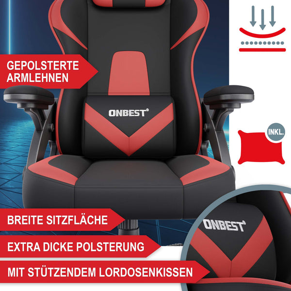 Gaming Stuhl mit Nacken- & Lordosenkissen ergonomisch & bis 150kg belastbar