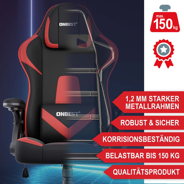 Gaming Stuhl mit Nacken- & Lordosenkissen ergonomisch & bis 150kg belastbar