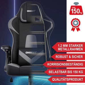 Gaming Stuhl mit Nacken- & Lordosenkissen ergonomisch & bis 150kg belastbar