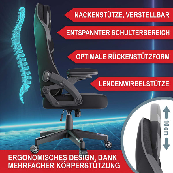 Gaming Stuhl mit Nacken- & Lordosenkissen ergonomisch & bis 150kg belastbar