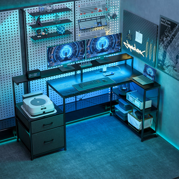 Gaming Tisch L-förmig mit LED Steckdosen und Monitorständer