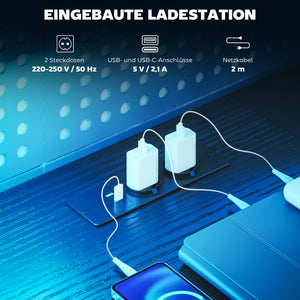 Gaming Tisch L-förmig mit LED Steckdosen und Monitorständer