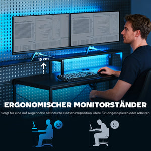 Gaming Tisch L-förmig mit LED Steckdosen und Monitorständer