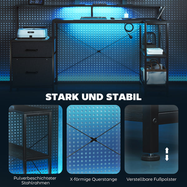 Gaming Tisch L-förmig mit LED Steckdosen und Monitorständer