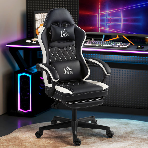 Gaming Stuhl höhenverstellbar mit Fussstütze und Kopfstütze Schwarz Weiss