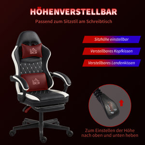 Gaming Stuhl höhenverstellbar mit Fussstütze und Kopfstütze Schwarz Weiss