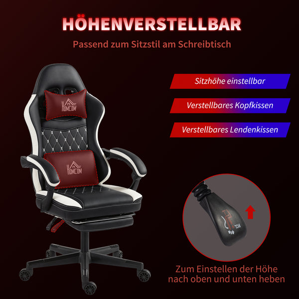 Gaming Stuhl höhenverstellbar mit Fussstütze und Kopfstütze Schwarz Weiss