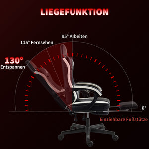 Gaming Stuhl höhenverstellbar mit Fussstütze und Kopfstütze Schwarz Weiss