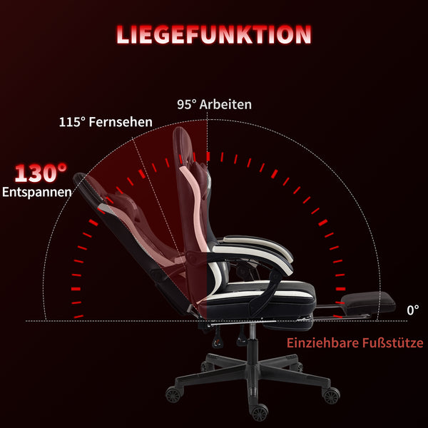 Gaming Stuhl höhenverstellbar mit Fussstütze und Kopfstütze Schwarz Weiss