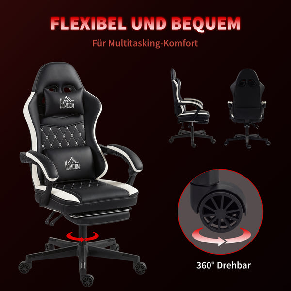 Gaming Stuhl höhenverstellbar mit Fussstütze und Kopfstütze Schwarz Weiss