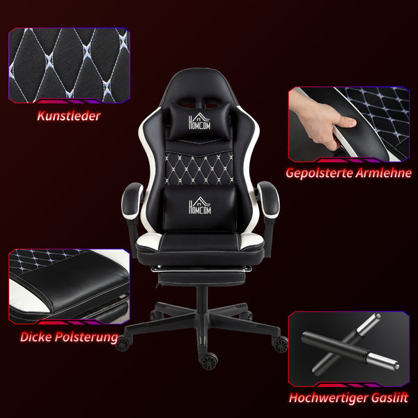 Gaming Stuhl höhenverstellbar mit Fussstütze und Kopfstütze Schwarz Weiss