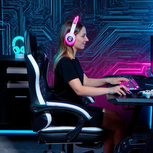 Gaming Stuhl höhenverstellbar mit Fussstütze und Kopfstütze Schwarz Weiss