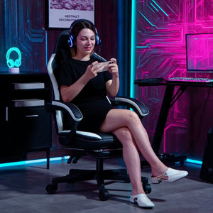 Gaming Stuhl höhenverstellbar mit Fussstütze und Kopfstütze Schwarz Weiss