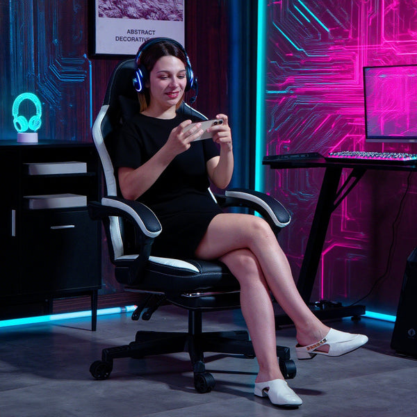 Gaming Stuhl höhenverstellbar mit Fussstütze und Kopfstütze Schwarz Weiss