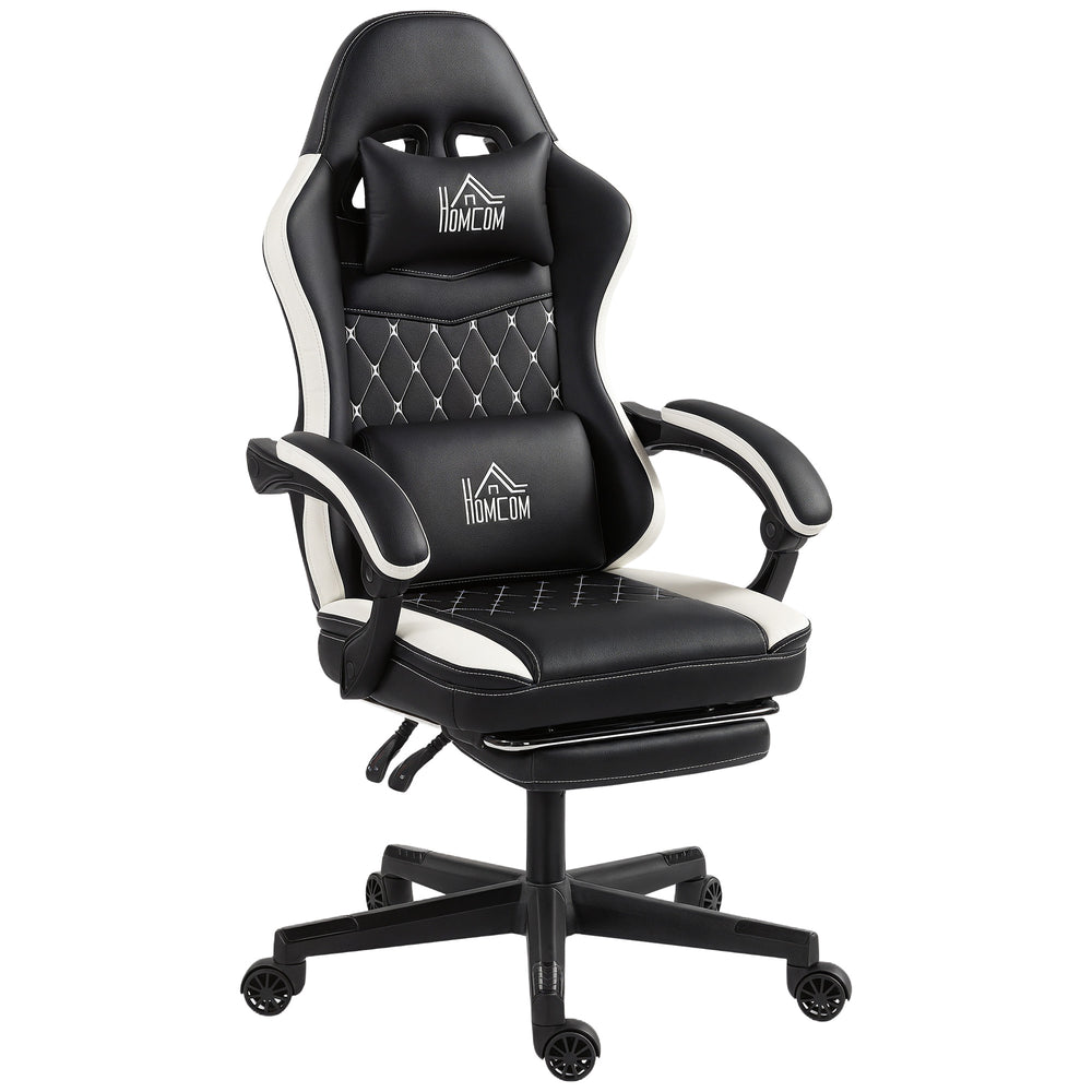 Gaming Stuhl höhenverstellbar mit Fussstütze und Kopfstütze Schwarz Weiss