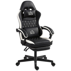Gaming Stuhl höhenverstellbar mit Fussstütze und Kopfstütze Schwarz Weiss