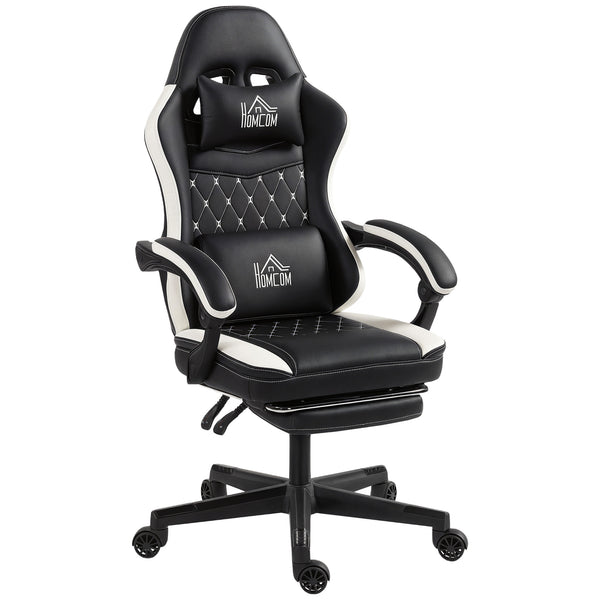 Gaming Stuhl höhenverstellbar mit Fussstütze und Kopfstütze Schwarz Weiss