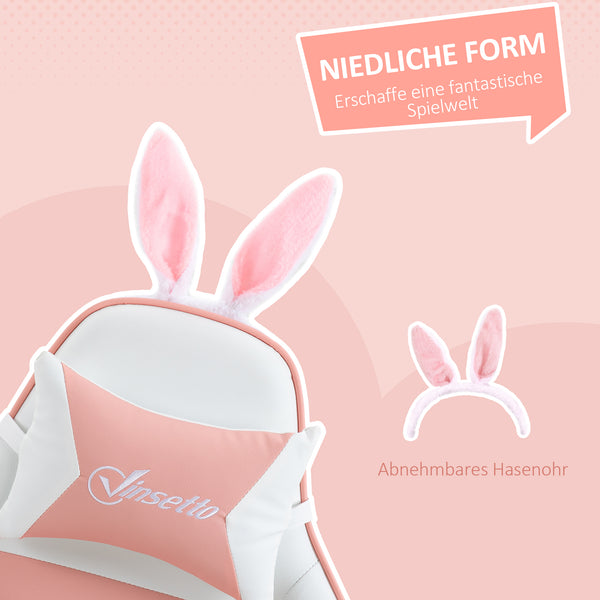 Gaming Stuhl ergonomisch mit Hasenohren Fussstütze und Kopfkissen rosa