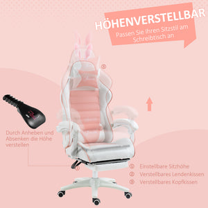 Gaming Stuhl ergonomisch mit Hasenohren Fussstütze und Kopfkissen rosa