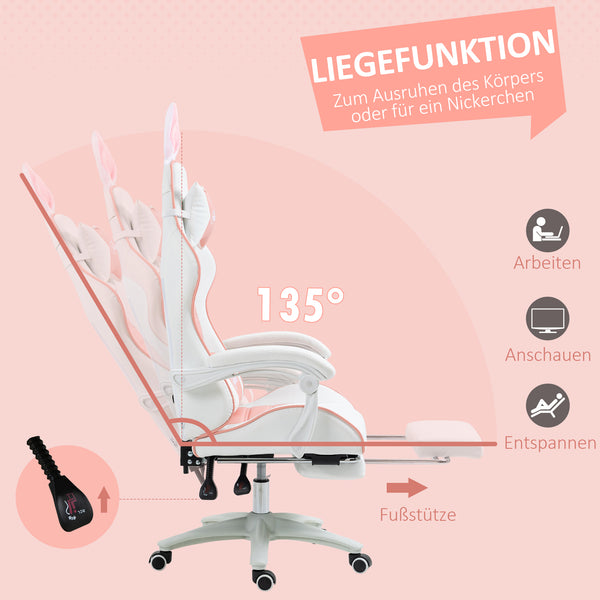 Gaming Stuhl ergonomisch mit Hasenohren Fussstütze und Kopfkissen rosa