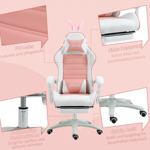 Gaming Stuhl ergonomisch mit Hasenohren Fussstütze und Kopfkissen rosa