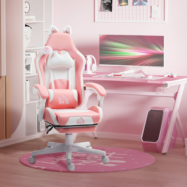 Gaming Stuhl verstellbar mit Katzenohren und Fussstütze rosa weiss