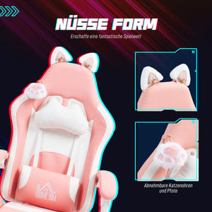 Gaming Stuhl verstellbar mit Katzenohren und Fussstütze rosa weiss