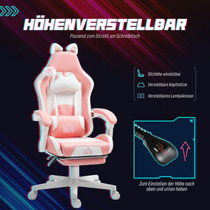 Gaming Stuhl verstellbar mit Katzenohren und Fussstütze rosa weiss
