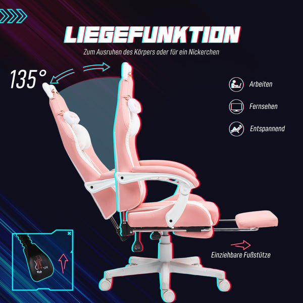 Gaming Stuhl verstellbar mit Katzenohren und Fussstütze rosa weiss