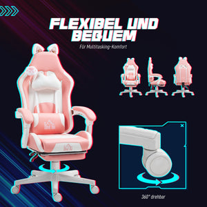 Gaming Stuhl verstellbar mit Katzenohren und Fussstütze rosa weiss