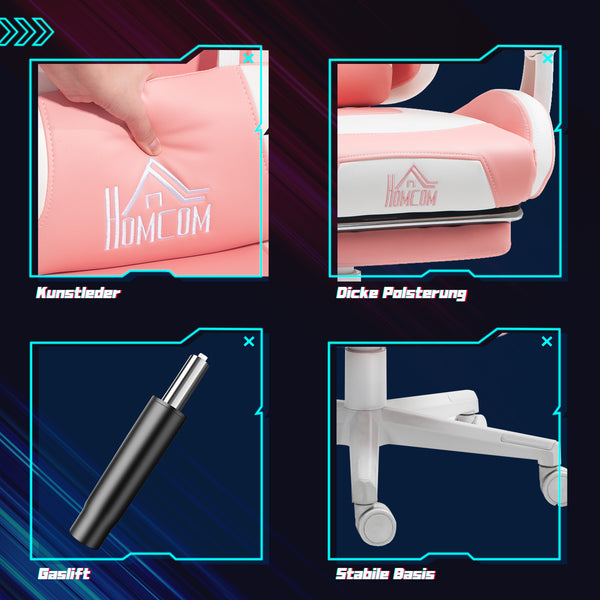 Gaming Stuhl verstellbar mit Katzenohren und Fussstütze rosa weiss